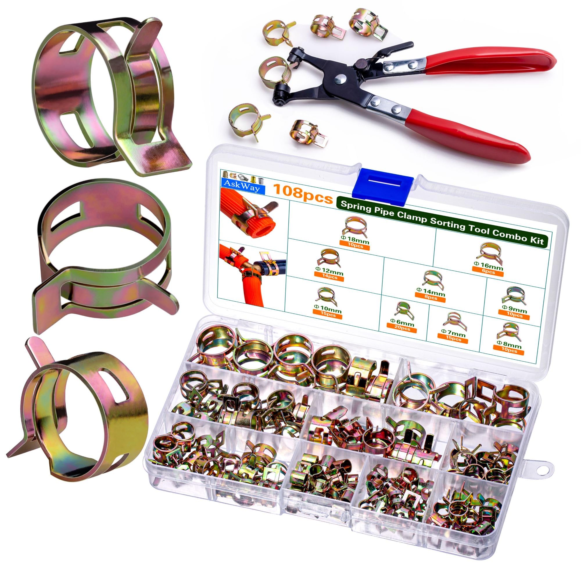 108pcs Spring Pipe Clamps Set with Installation Tool - 9 Sizes (6-18mm) for Automotive, Marine, Gardening & Industrial Use - Secure Hose Connections for Water, Fuel & Air Lines