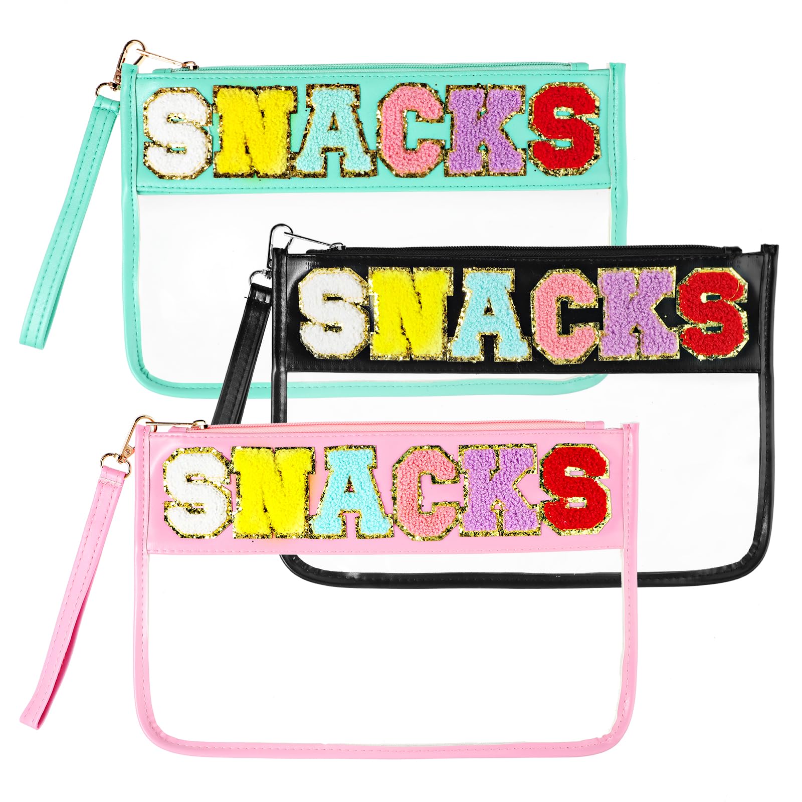 MAQUITA 3-Piece Chenille Letter Clear Zipper Pouch Set - Waterproof Travel Cosmetic Bag, Snack Storage & Nylon Gym Beach Organizer | Multi-Purpose Makeup Pouch for Women & Girls (Soft Colors) | Perfect for Travel, Gym, Beach & Daily Organization