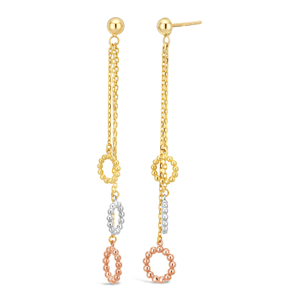 9ct Three-Tone Gold 3x Circle Beaded Drop Earrings for Women - Elegant Dangle Jewelry for Parties, Weddings & Special Occasions