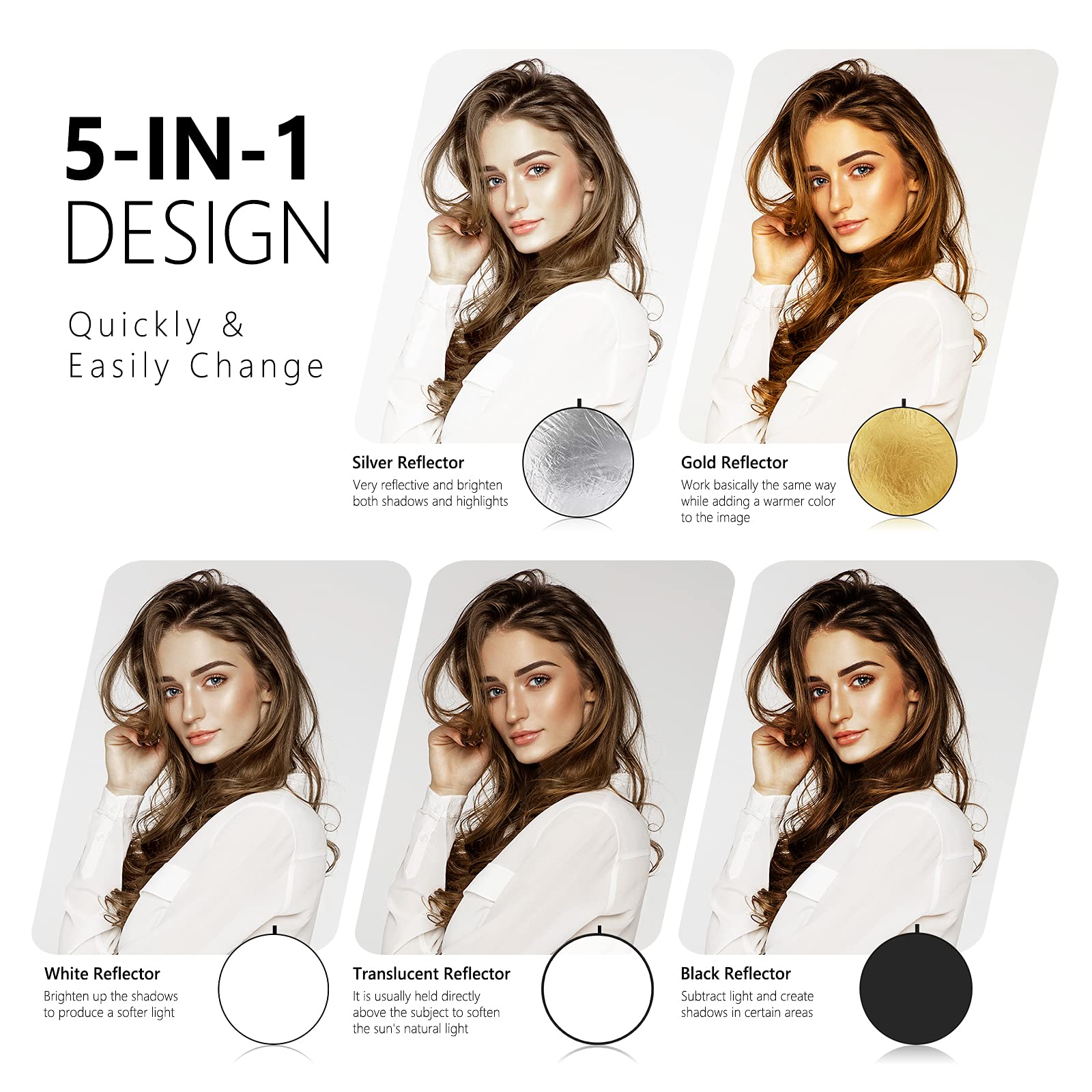 NEEWER 22 Inch 5-in-1 Collapsible Light Reflector Diffuser - Translucent, Silver, Gold, White & Black for Studio & Outdoor Photography - Perfect for Portraits, Product Shoots and Natural Lighting Enhancement