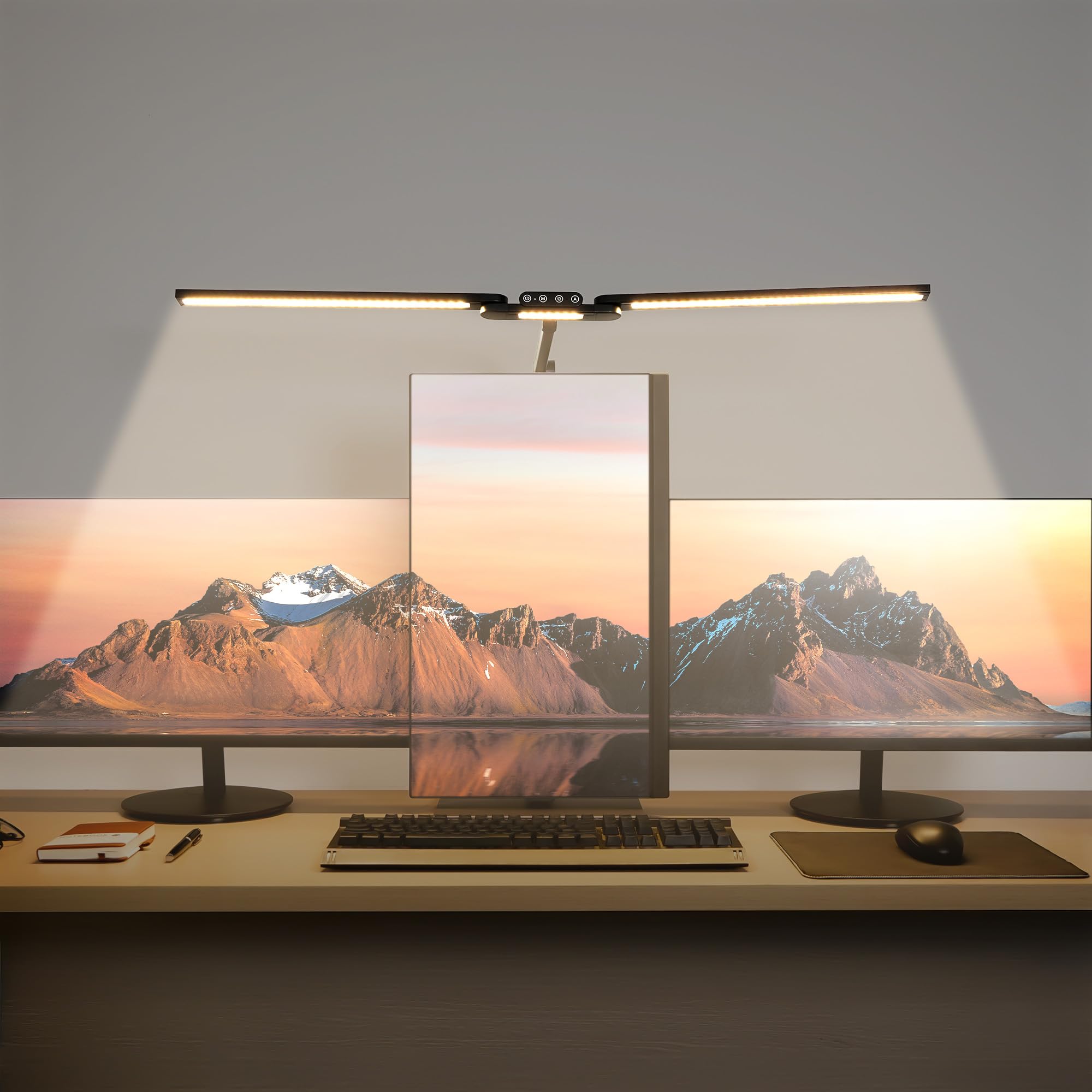 Modern LED Desk Lamp with Clamp - Adjustable Architect-Style Arms & Wide Monitor Light Bar for Dual Screens | Touch Control & Auto-Dimming | Perfect for Home Office, Gaming & Study | Includes Blue Light Blocking Glasses Gift