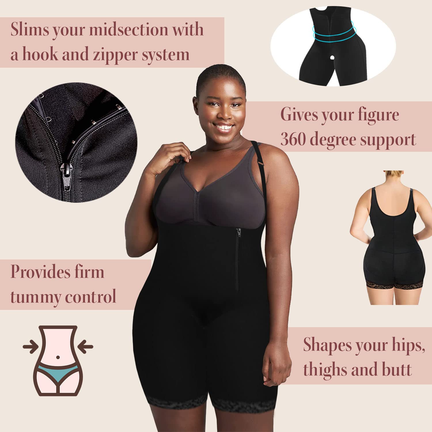 Women's Seamless Shapewear Bodysuit - Black Thigh Slimming Body Shaper with Zipper Closure (Sizes S-10XL) for Tummy Control & Hourglass Figure - Perfect for Dresses, Workout & Special Occasions