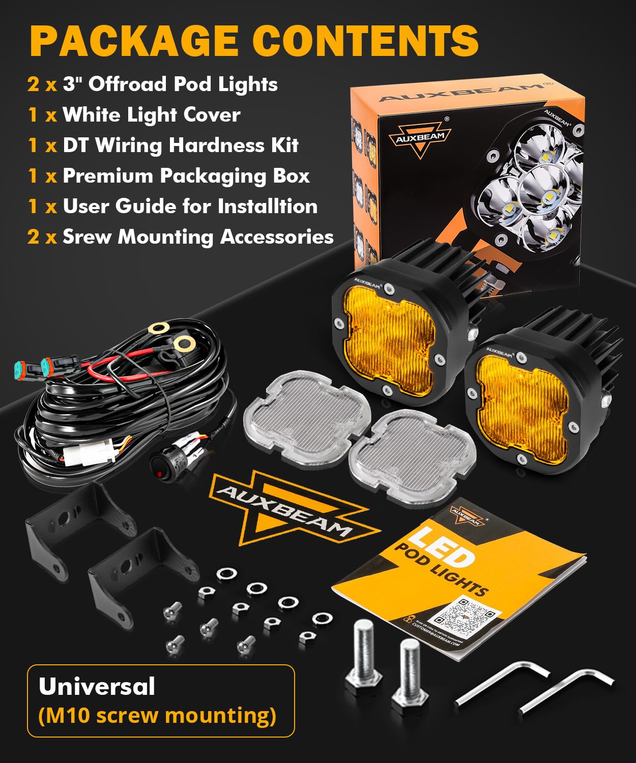 Auxbeam 3in Amber LED Pods - 80W 9600LM XP-Ultra Series Offroad Lights with 120° Wide Flood Beam for Trucks, Jeep, ATV, UTV | Ditch & Fog Lights for Off-Roading, Camping & Night Driving - Pair