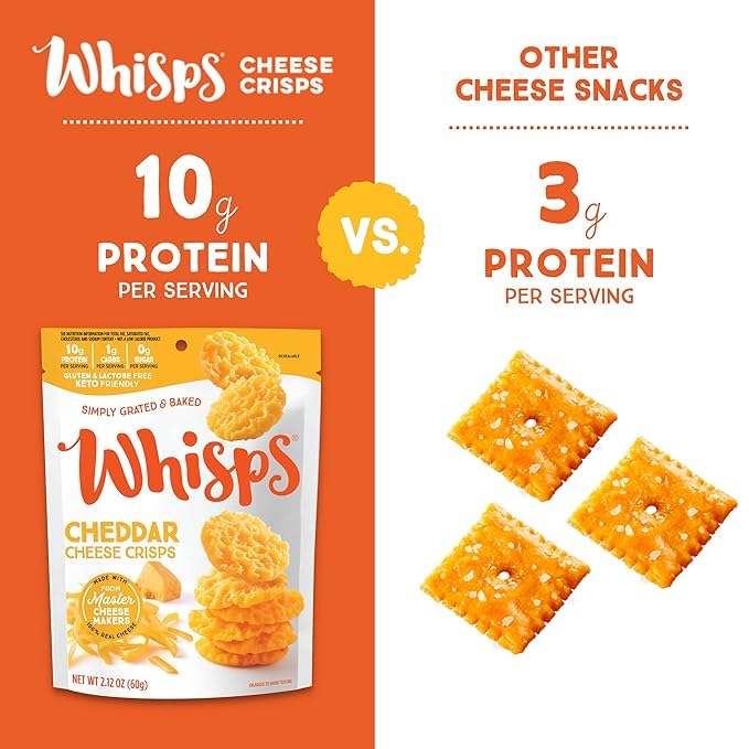 Whisps Cheddar Cheese Crisps - High Protein, Low Carb Keto Snacks (4 Pack, 2.12 Oz Each) | Gluten Free, Healthy Protein Chips for Weight Loss & Ketogenic Diet | Perfect for Office Snacking, School Lunches & On-the-Go Nutrition