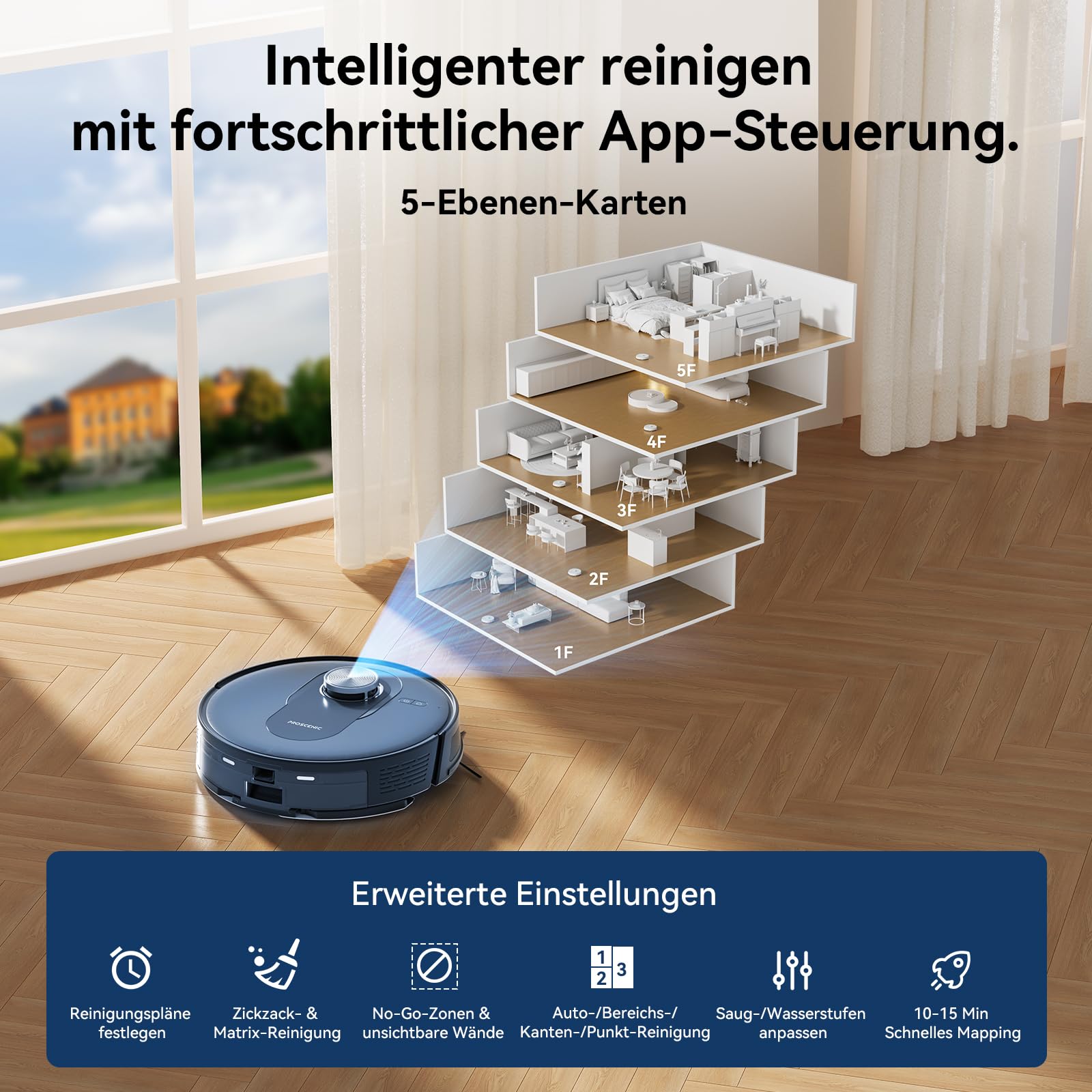 Proscenic Q8 Robot Vacuum and Mop Combo - Smart WiFi Connected, Self-Charging, 2000Pa Strong Suction, Quiet Cleaning for Hardwood Floors & Carpets - Perfect for Pet Hair, Daily Home Cleaning & Large Spaces