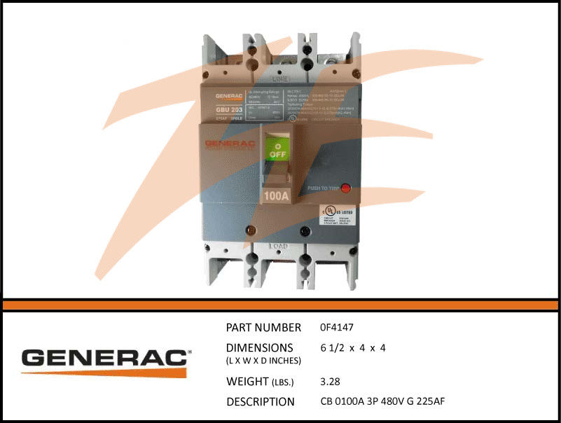 Generac 0F4147 100 Amp 3-Pole 480V Circuit Breaker - Heavy Duty Electrical Protection for Commercial & Industrial Applications