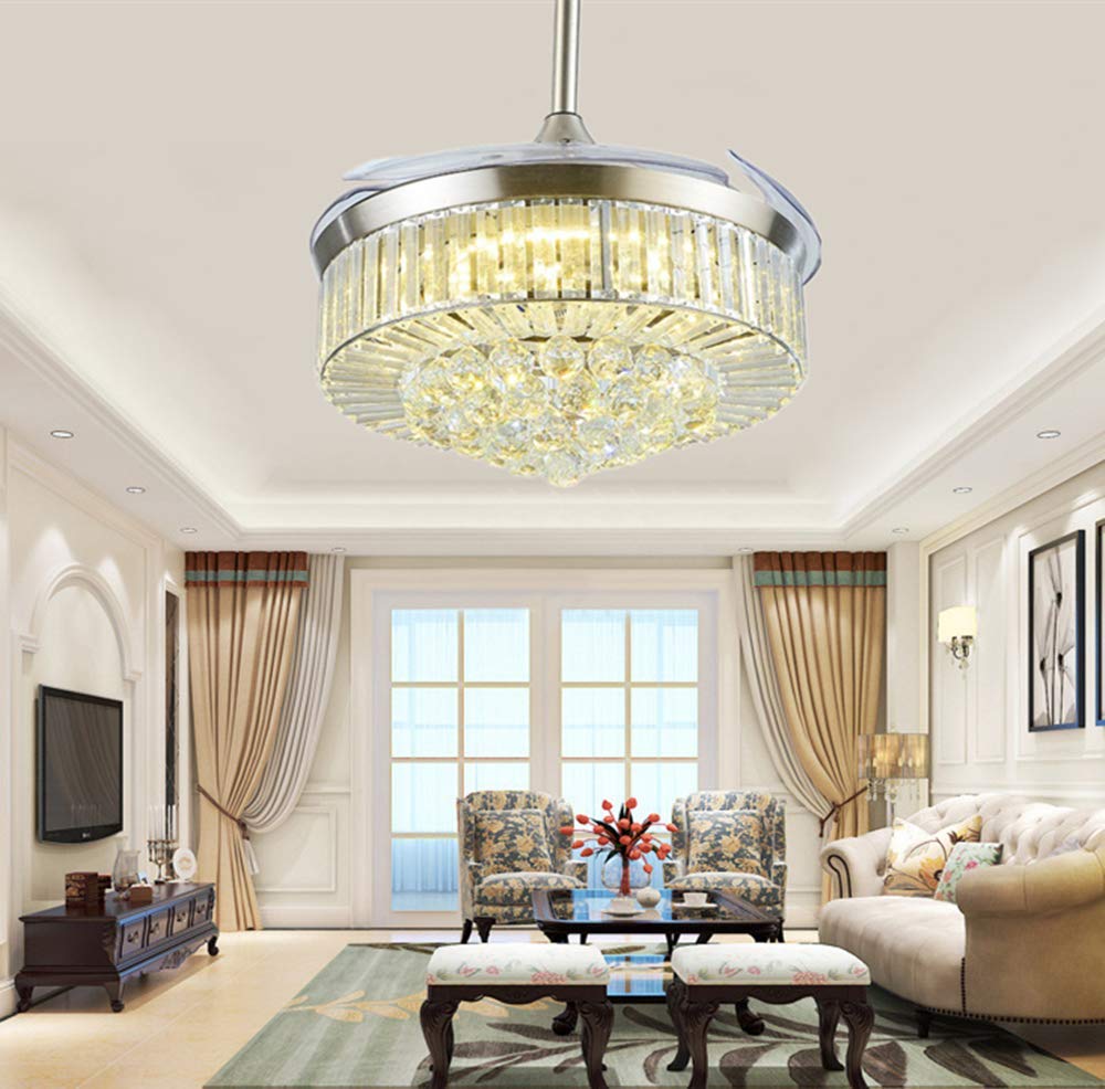 42 Inch Modern Crystal Chandelier Ceiling Fan with Light & Remote Control - Silent Retractable Blades, 3 Speed Settings & 3 Light Levels - Perfect for Dining Room, Living Room, Bedroom & Home Decor