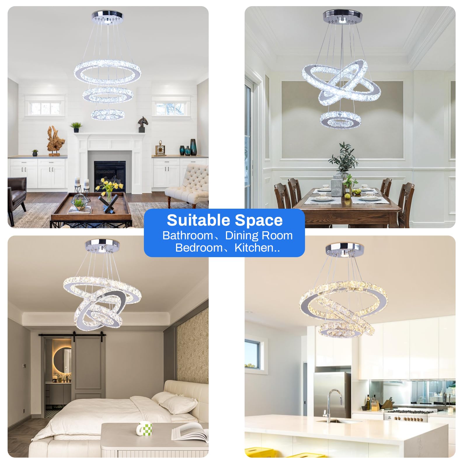 Modern 3-Ring Adjustable Stainless Steel LED Crystal Chandelier - Dimmable Ceiling Light Fixture for Bedroom, Living Room & Dining Room | Energy-Efficient Lighting for Home Decor & Special Occasions