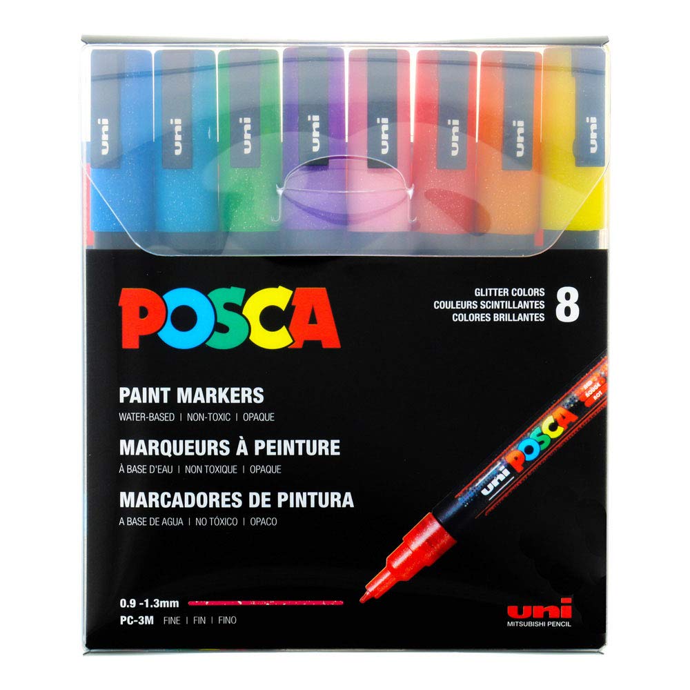 Posca Acrylic Paint Marker Set - 8 Vibrant Glitter Colors (PC-3M PC3MGL8) for DIY Crafts, Scrapbooking & Art Projects