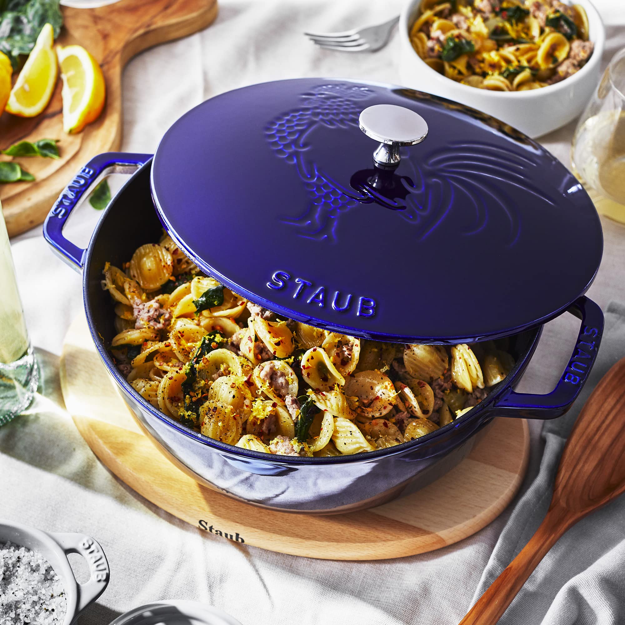 Staub 3.75 Quart Cast Iron French Oven Rooster Dutch Oven - Premium Dark Blue Cookware, Made in France - Perfect for Braising, Roasting, Baking & Slow Cooking