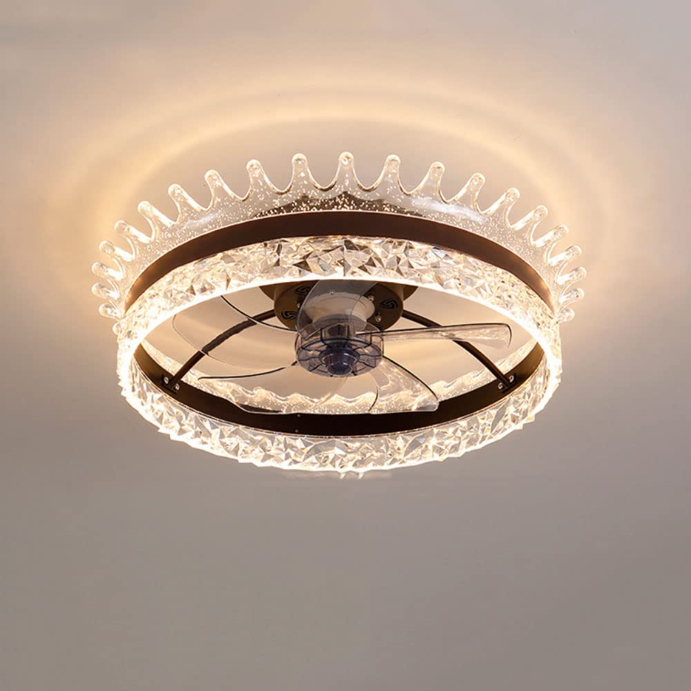 Antique Copper Low Profile Ceiling Fan with Acrylic Lampshade - 6 Speed Silent Motor, Dimmable LED Light, Crown Design for Living Room, Bedroom & Office - Stepless Dimming & 3 Color Options - HEBXMF Indoor Ceiling Fan