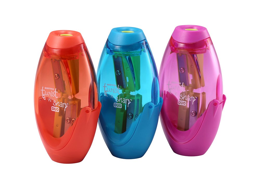 Bostitch Twist-N-Sharp Manual Pencil Sharpener - Dual Hole for Standard & Jumbo Pencils with Ratchet Technology - Random Color - Perfect for Office, School, and Art Projects