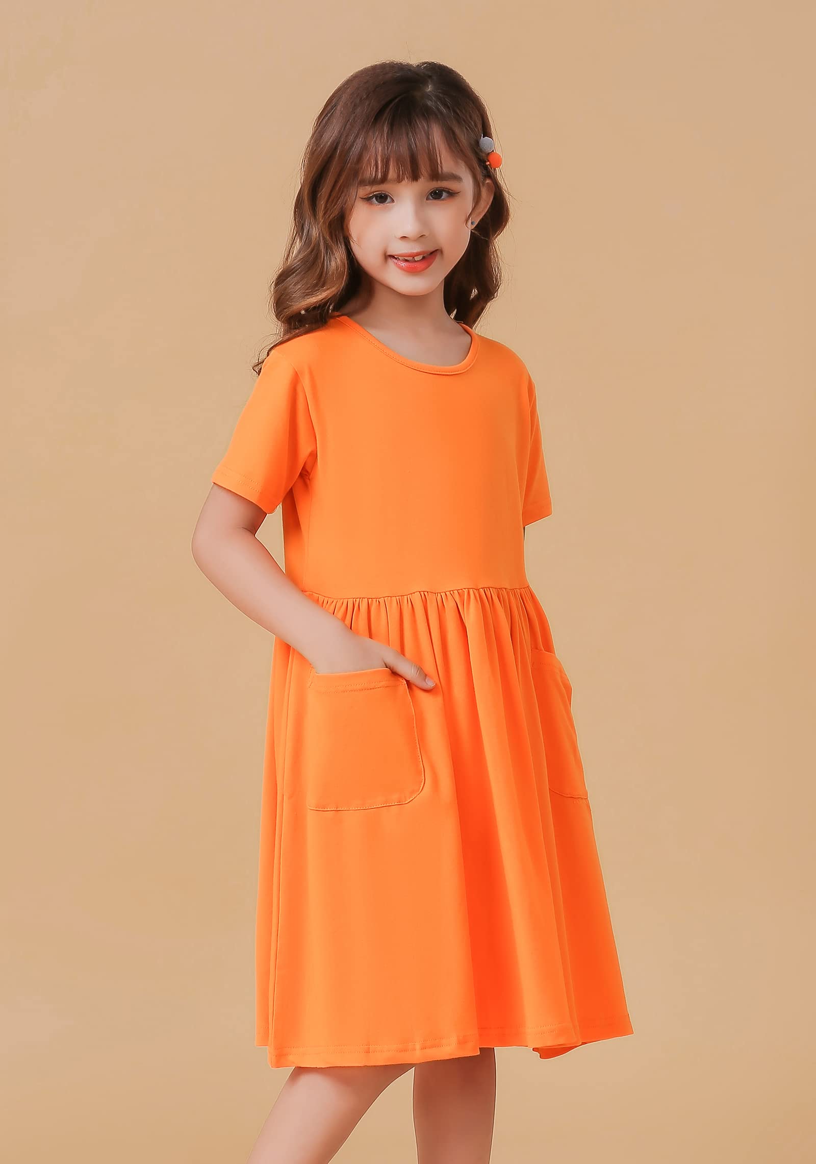 Girls Casual Short Sleeve A-Line Pleated Dress with Pockets - Solid Color Summer Dress for Kids, Playdates, School & Birthday Parties