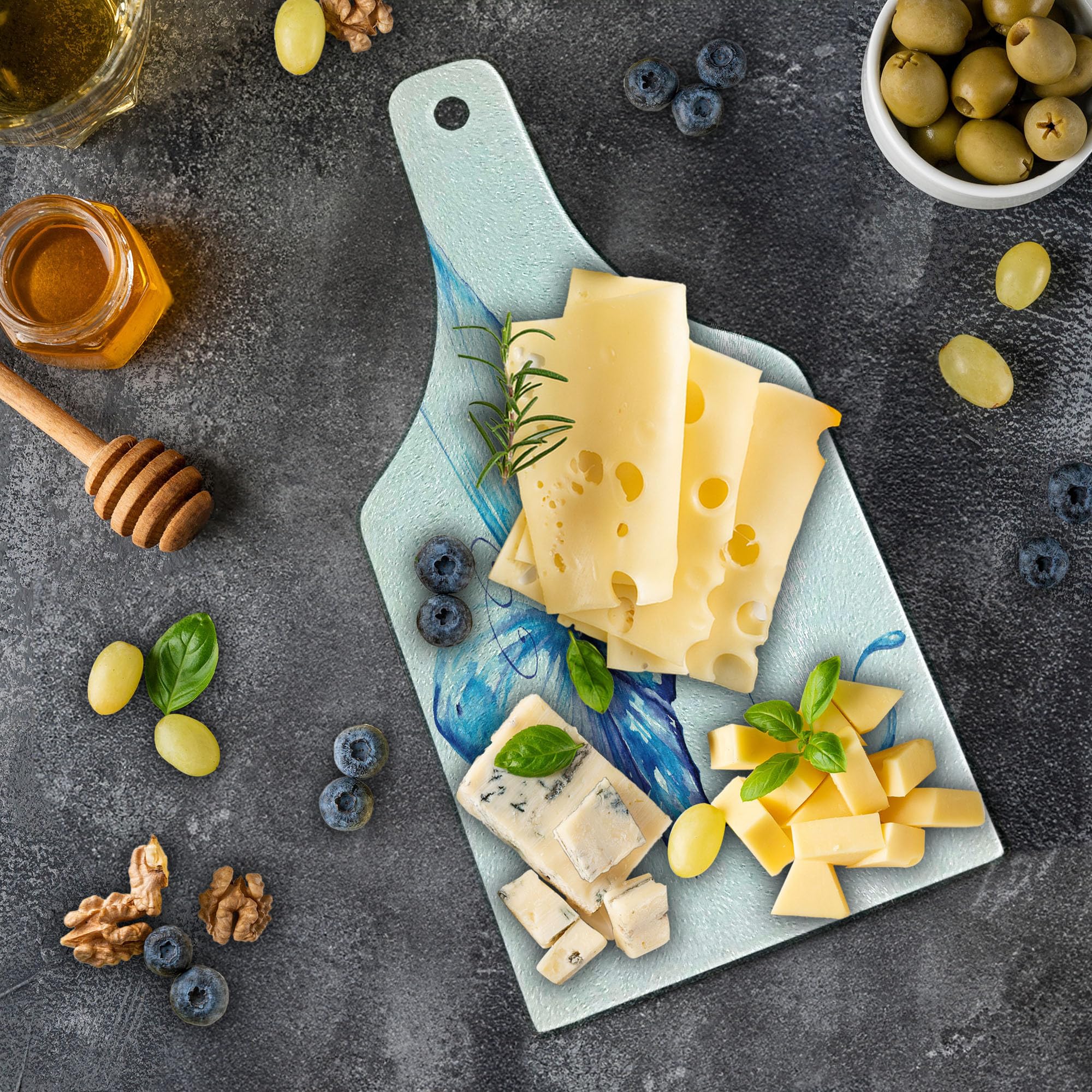 Ambesonne Watercolor Cutting Board - Hand Drawn Blue Butterfly Design, Nature Inspired Art with Soft Brush Strokes - Tempered Glass Serving Board for Kitchen & Dining - Wine Bottle Shape in Blue & White - Perfect for Charcuterie, Cheese Display & Party Serving