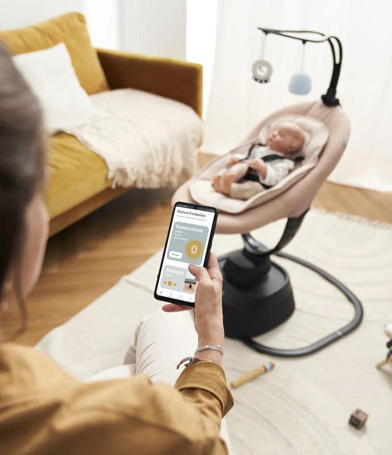 Babymoov Baby Swing Swoon Evolution Connect - Automatic Infant Rocker with Bluetooth & Soothing Sounds, Mocca Brown | Perfect for Newborns & Toddlers for Daytime Naps & Calming Fussy Babies
