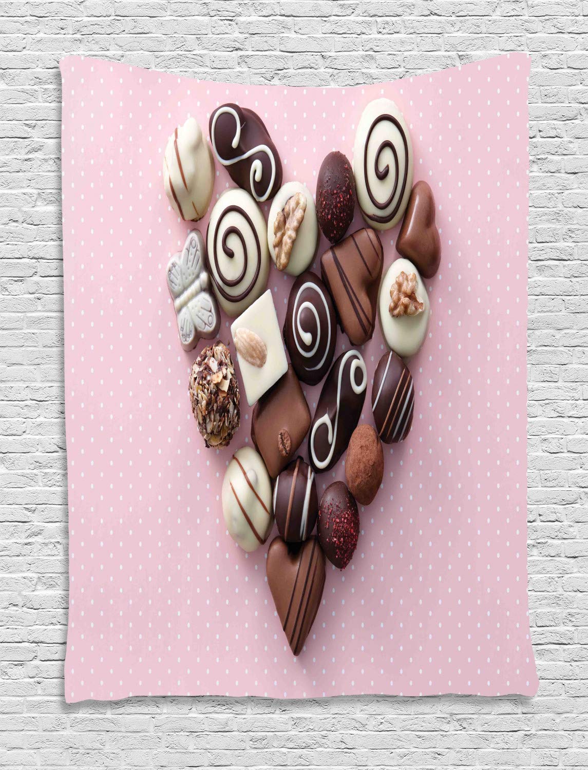 Ambesonne Chocolate Tapestry - Valentine's Day Decor with Heart-Shaped Candies on Pink Background | 60x80 Inch Wall Hanging for Bedroom, Living Room, Dorm | Perfect for Romantic Decorations, Gift Ideas & Home Styling