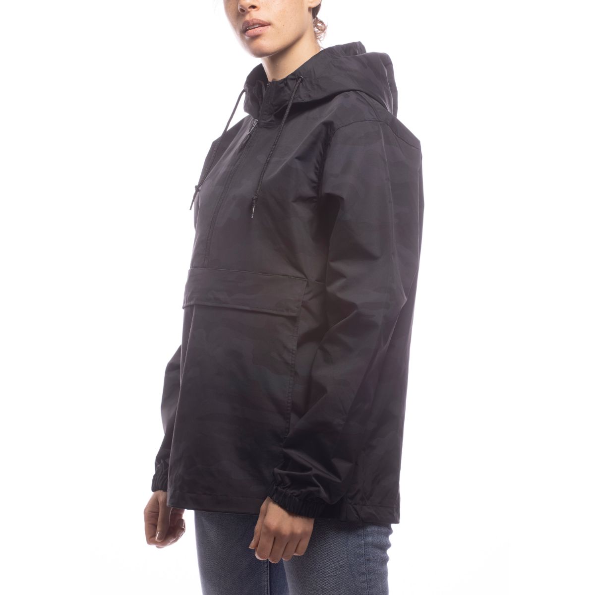 Upcycled Black Camo Anorak Rain Jacket - Sustainable Waterproof Outdoor Wear for Hiking & Urban Adventures