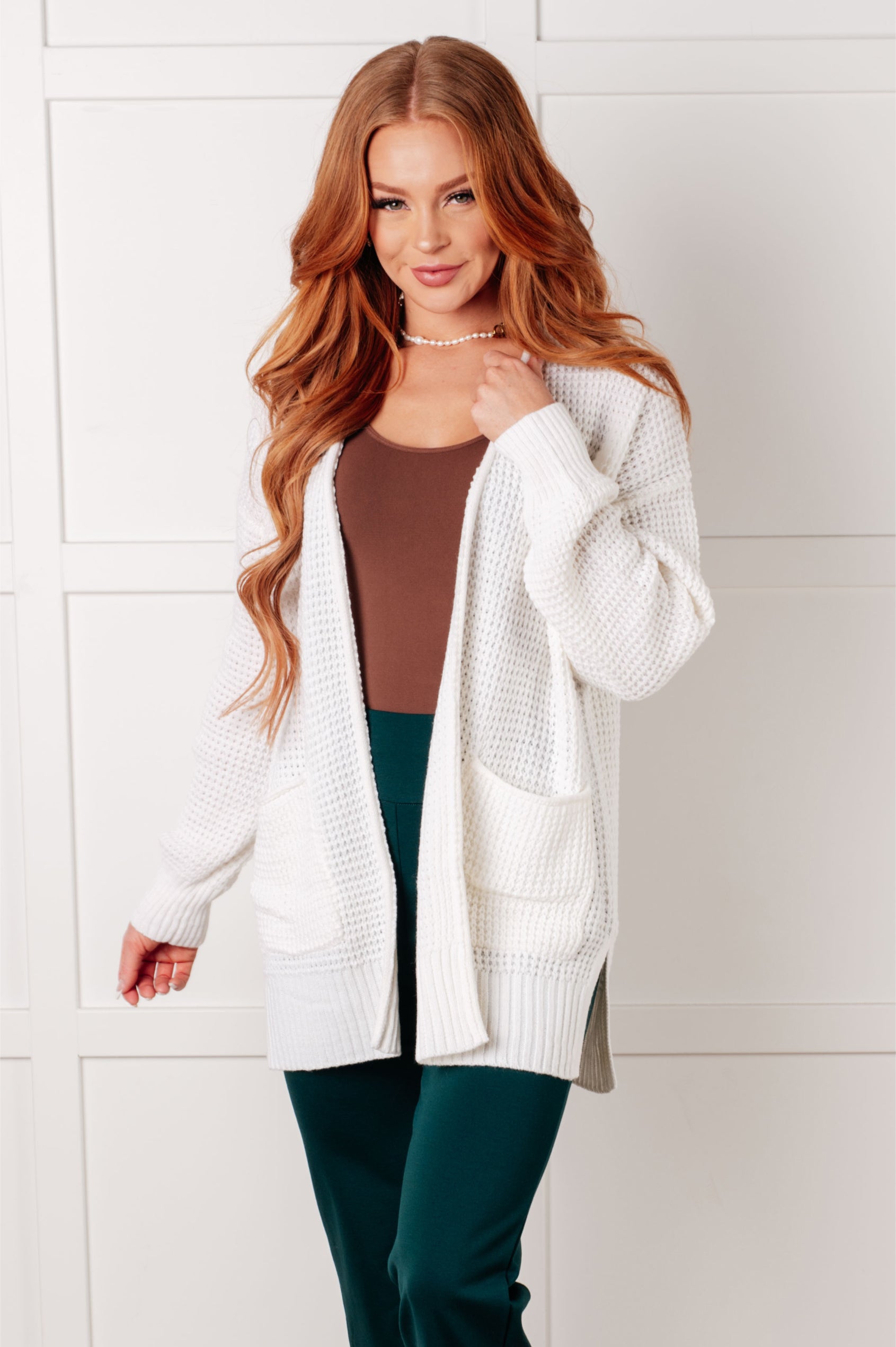 Ivory Waffle Knit Open Front Cardigan for Women - Cozy Layered Sweater for Fall & Winter - Perfect for Casual Outfits, Office Wear, and Lounging at Home