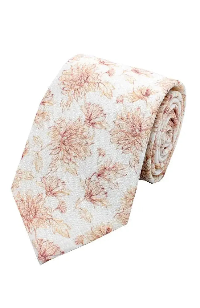 L.A. Smith Brown Linen Floral Tie and Pocket Square Set for Men - Elegant Wedding, Prom & Formal Occasion Accessories