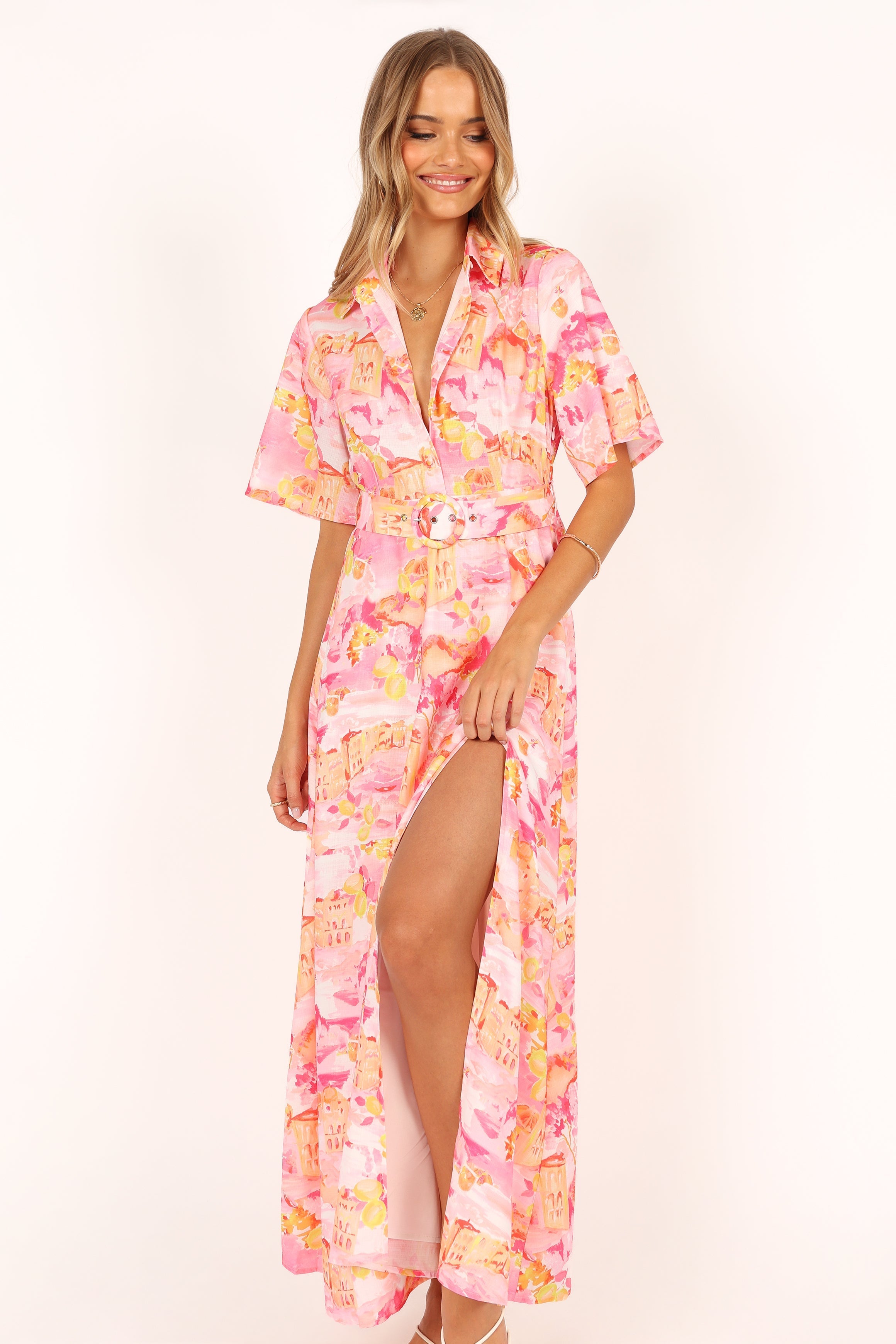 Arianna Women's Maxi Dress - Floral Print Pink Scenic Long Sleeve Flowy Summer Dress for Beach Vacation, Party & Casual Wear
