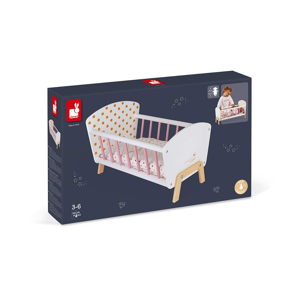 Janod Candy Chic Doll's Bed - Wooden Baby Doll Cradle for Toddlers Age 3+ | J05889 | Pretend Play, Nursery Decor & Gift for Little Girls