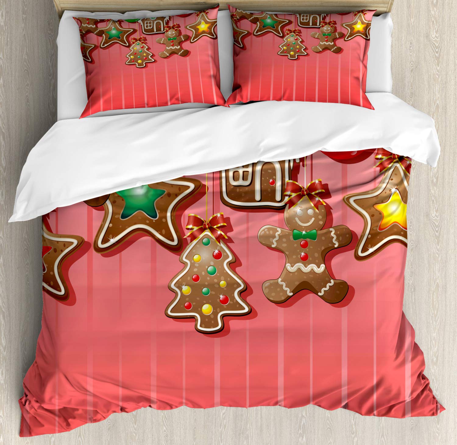 Ambesonne Gingerbread Man Duvet Cover Set - Christmas Cookies & Baubles Bowties Pastry Design - 2 Duvet Covers & 4 Pillowcases - 2 Pack California King Size - Pale Ruby Red - Cozy Holiday Bedding for Festive Home Decor