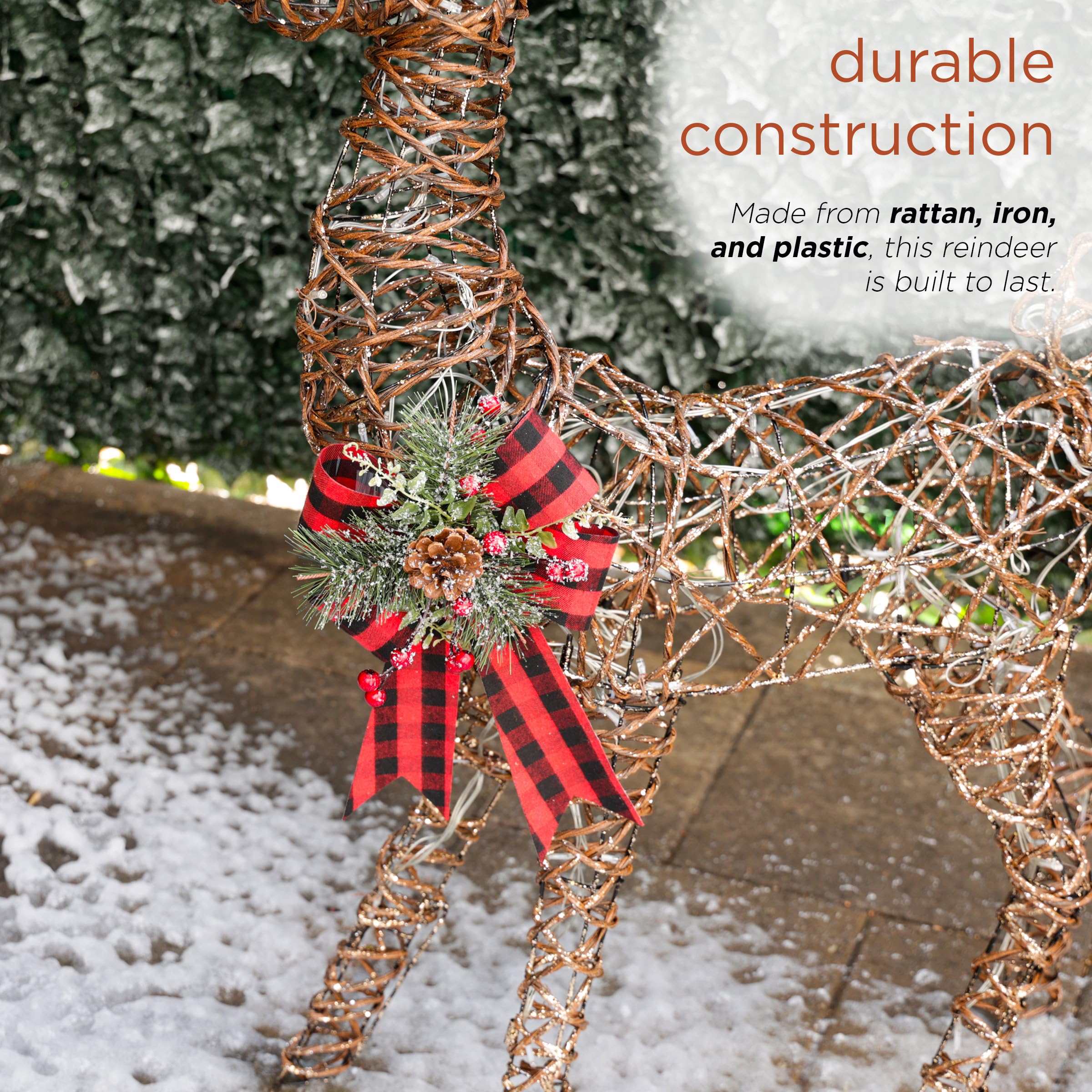 Rattan Standing Reindeer Decor with Bow & LED Lights - Christmas Home Decoration, Holiday Party Centerpiece, Festive Indoor Outdoor Decor