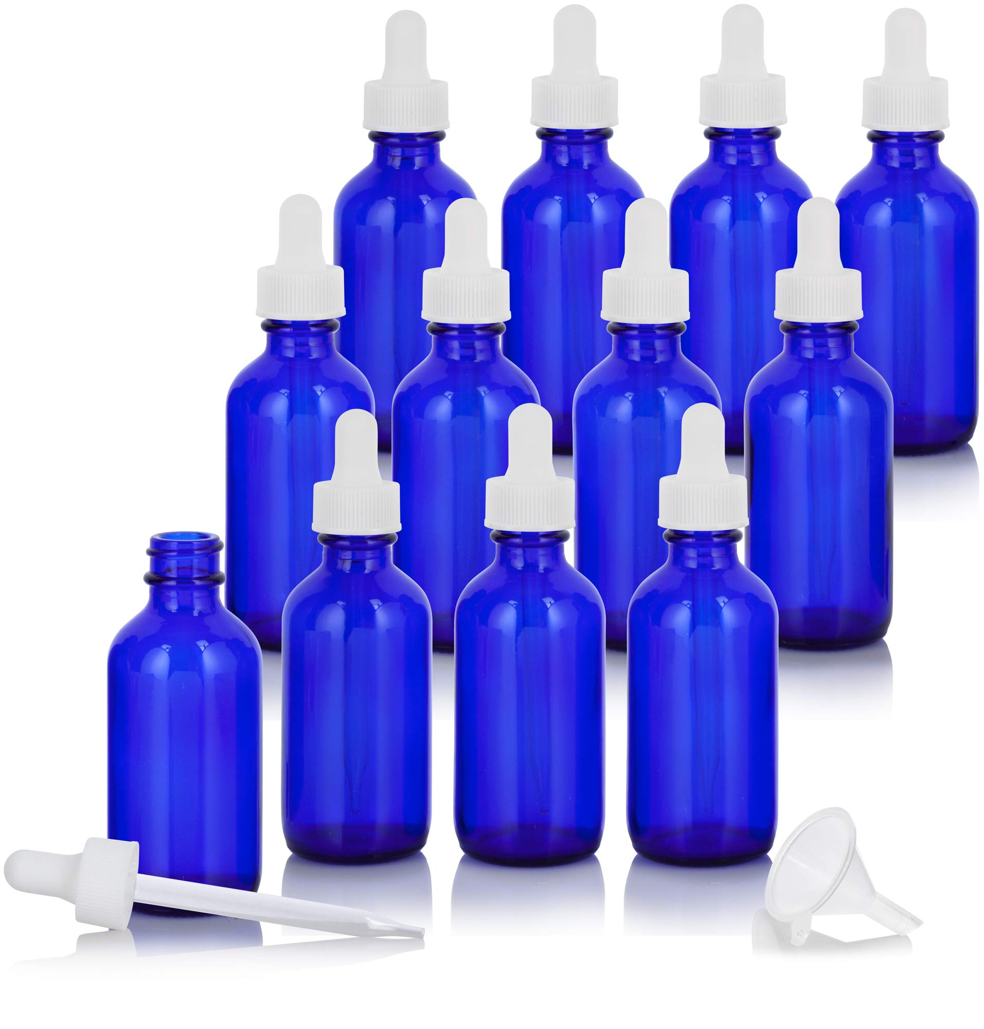 JUVITUS 12 Pack 2 oz Cobalt Blue Glass Bottles with White Dropper Caps & Funnel - Essential Oil, CBD, Tincture Storage - Perfect for DIY Skincare, Aromatherapy & Herbal Remedies