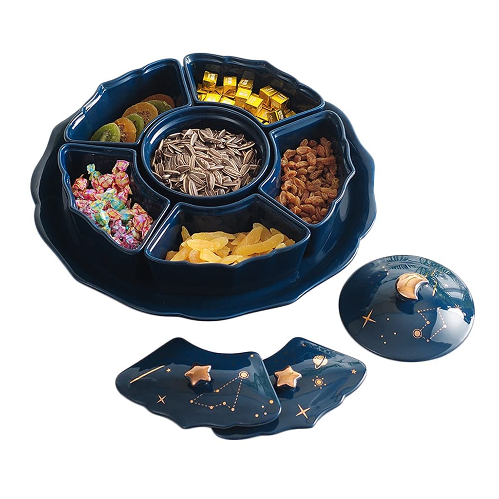 Peiwen Ceramic Nut & Dry Fruit Serving Platter with Lid - 36x36cm Lazy Susan Divided Snack Tray for Entertaining (Blue) | Perfect for Parties, Tea Time & Family Gatherings