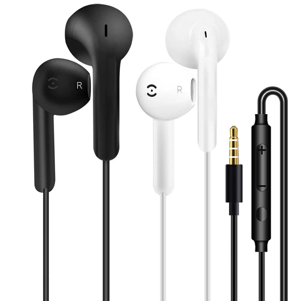 2 Pack Wired In-Ear Headphones with Microphone & Remote Control - 3.5mm Jack Noise Isolating Earbuds for iPhone, Samsung, Huawei, Android Phones, Tablets & Laptops - Perfect for Commuting, Workouts & Online Meetings