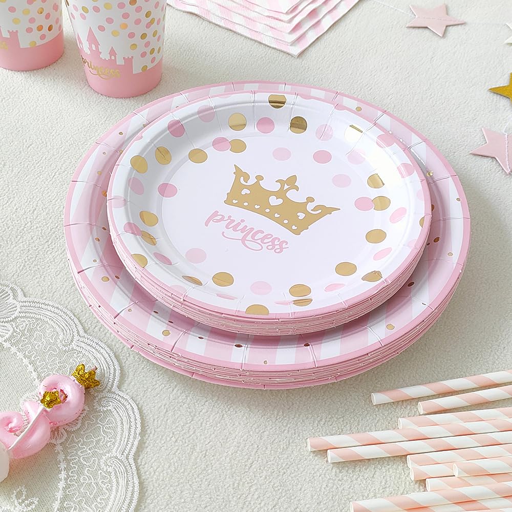 96Pcs Pink Gold Princess Birthday Party Decorations Set - Disposable Plates, Napkins, Cups, Forks & Straws - Castle Crown Theme Tableware for Girls, Baby Shower & Birthday Favors (Serves 16) - Perfect for Princess-Themed Parties, Tea Time & Special Celebrations