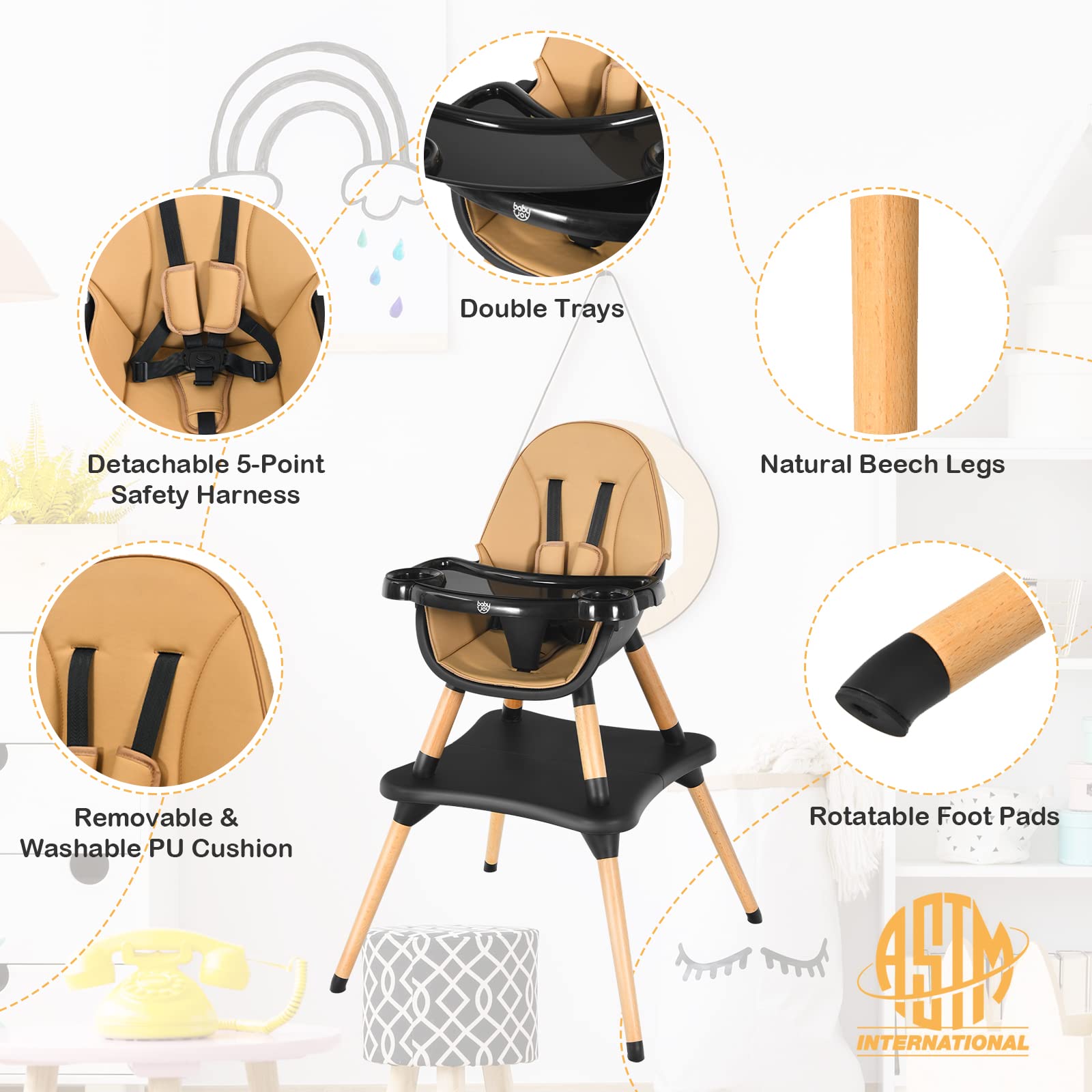 INFANS 5-in-1 Convertible Baby High Chair with Safety Harness - Adjustable Wooden Booster Seat & Toddler Dining Chair with Removable Tray & Easy-Clean Cushion - Perfect for Feeding, Playtime & Learning (Brown)