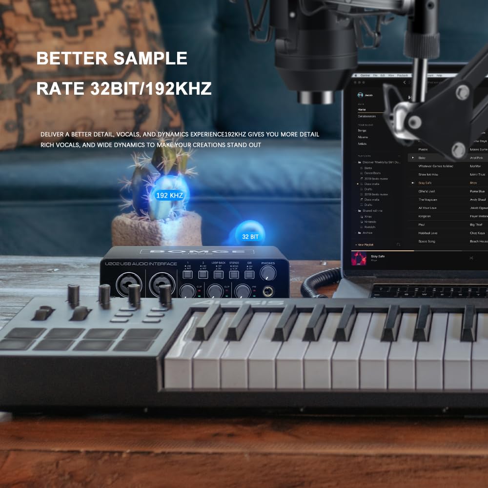 BOMGE U202 USB Audio Interface with Mic Preamplifier - XLR/TSR/TS Inputs, 48V Phantom Power, 32-Bit/192kHz High Resolution for Computer Recording, Live Streaming & Podcasting - Perfect for Home Studio, Voiceovers & Music Production