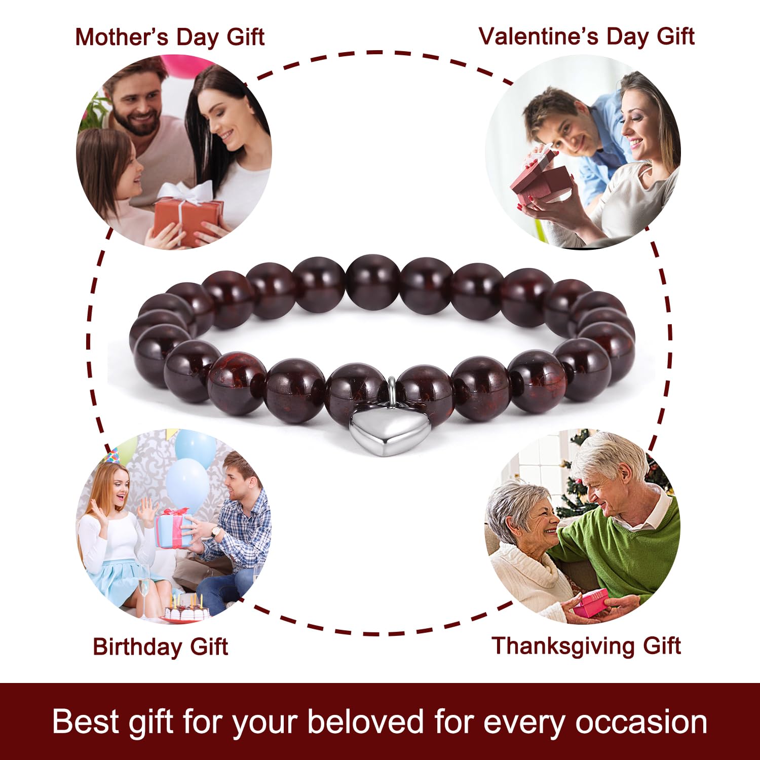 Qitian Birthstone Bracelet - Natural Stone Healing Chakra Bracelet for Relaxation & Encouragement, Heart Charm Beaded Bracelet for Women, Best Friend Birthday Gifts, Thank You Gifts for Meditation & Yoga