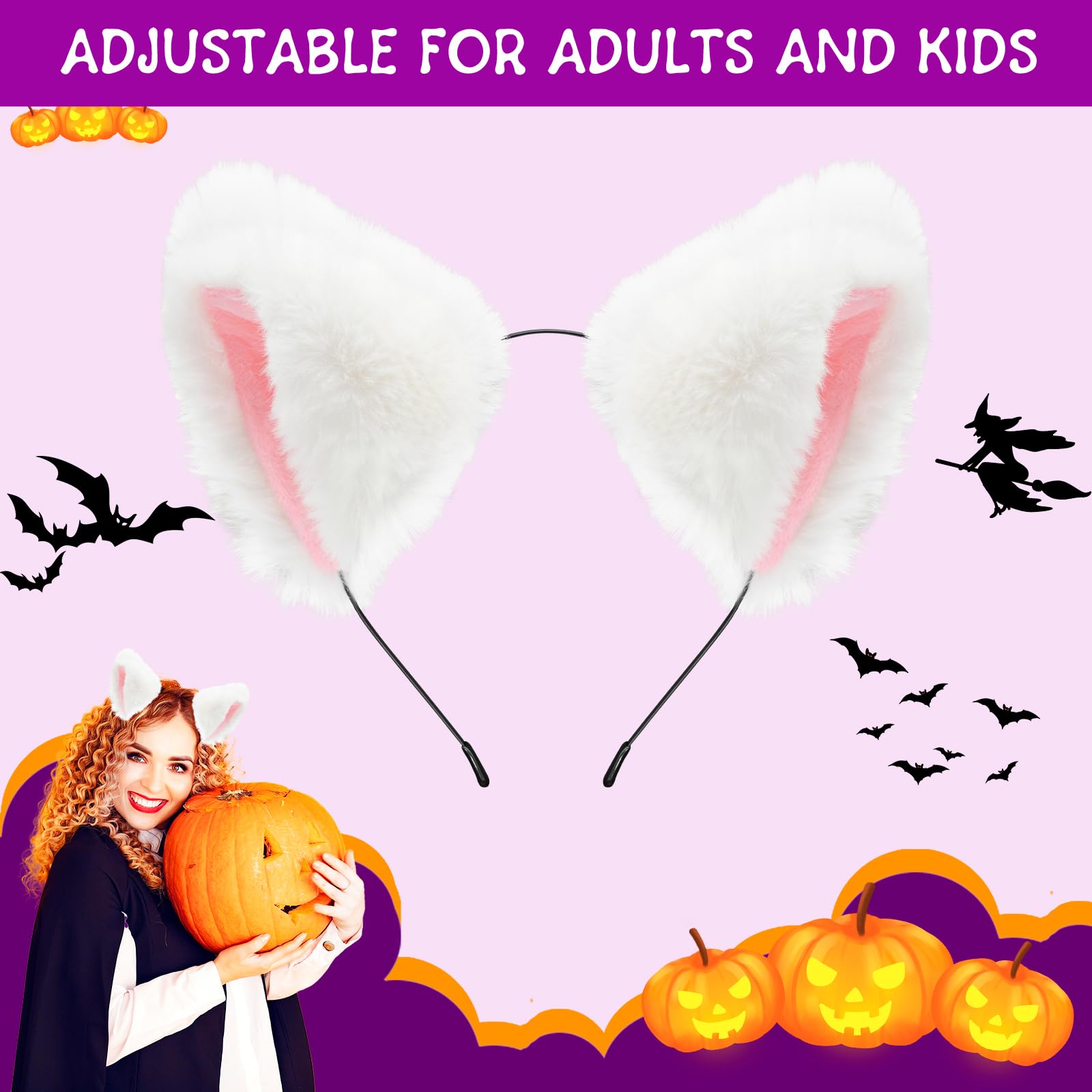 Pedenty Cat Fox Ears Headband for Women & Girls - Faux Fur Halloween Cosplay Costume Accessories for Adults & Kids (White) - Perfect for Halloween Parties, Cosplay Events, and Themed Photoshoots