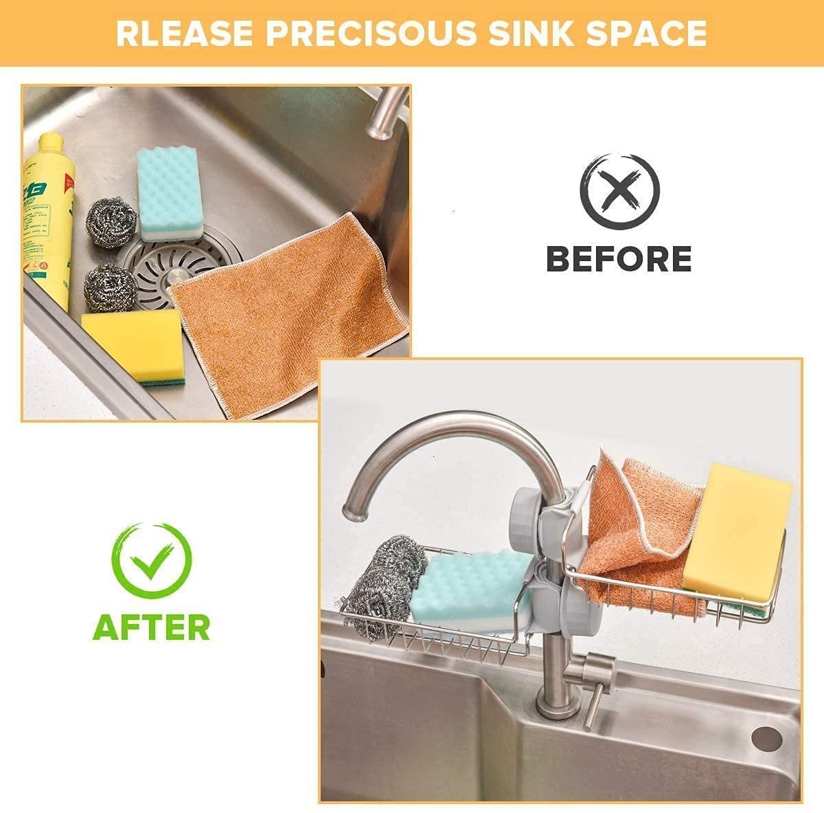 ASTRECA Stainless Steel Soap Sponge Holder Rack - Kitchen & Bathroom Faucet Organizer, Hanging Sink Caddy for Sponges, Brushes & Towels - Perfect for Sink Organization & Countertop Storage