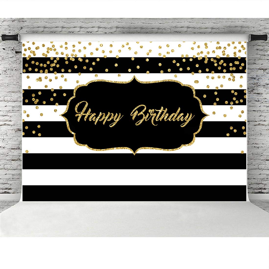 Black and White Striped Happy Birthday Backdrop with Gold Glitter Dots - 7x5ft Photography Background for Adult Birthday Parties, Sweet 16, Anniversary & Photo Booth Props - Perfect for Instagram & Social Media Photos