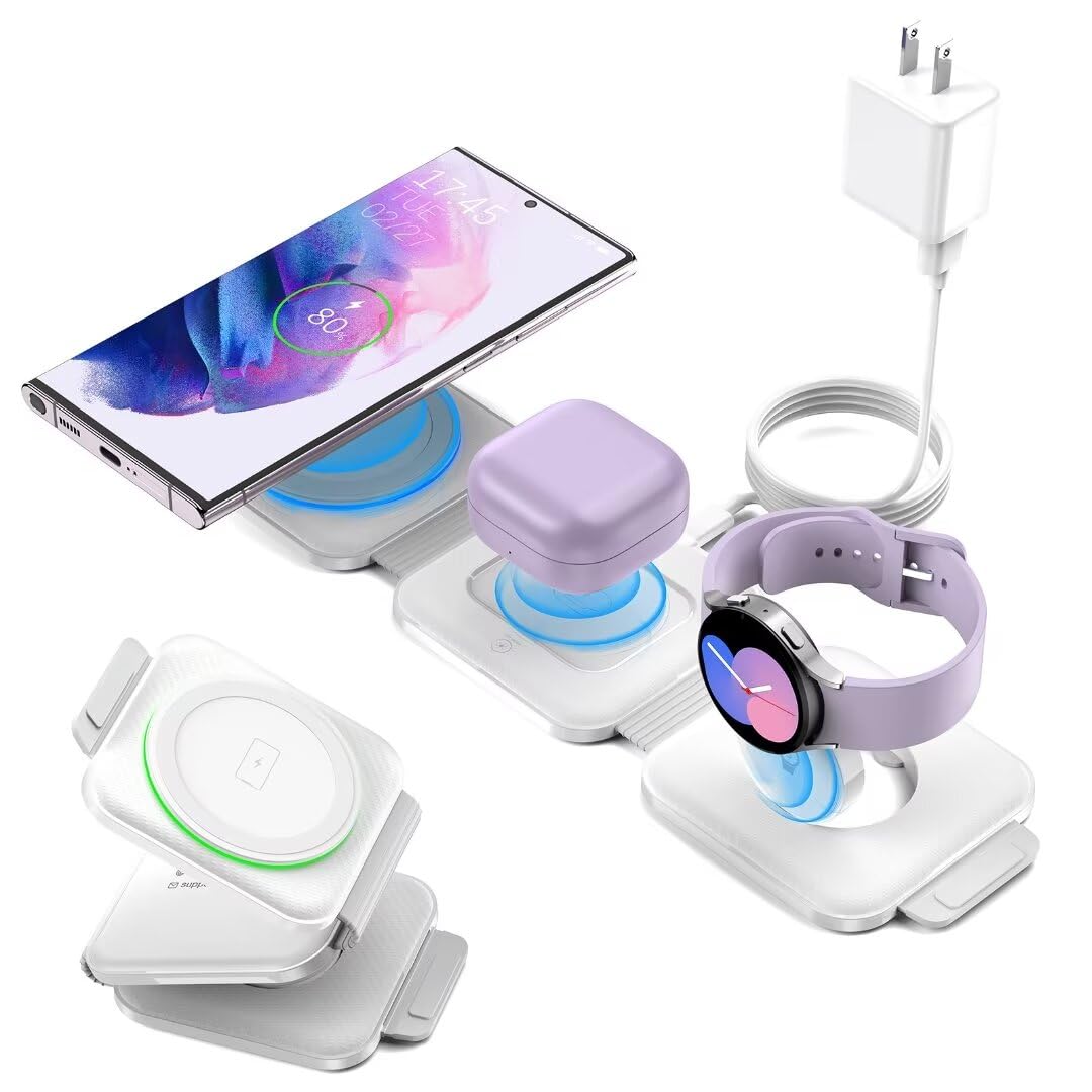 Foldable Wireless Charging Station for Samsung Galaxy S25 Ultra/S24/Z Flip 6/5 - Portable Travel Charger with Watch & Buds Charging Pad - Compatible with Galaxy Watch 7 & Buds Pro 3/2 (White) | Perfect for Home, Office & Travel Use