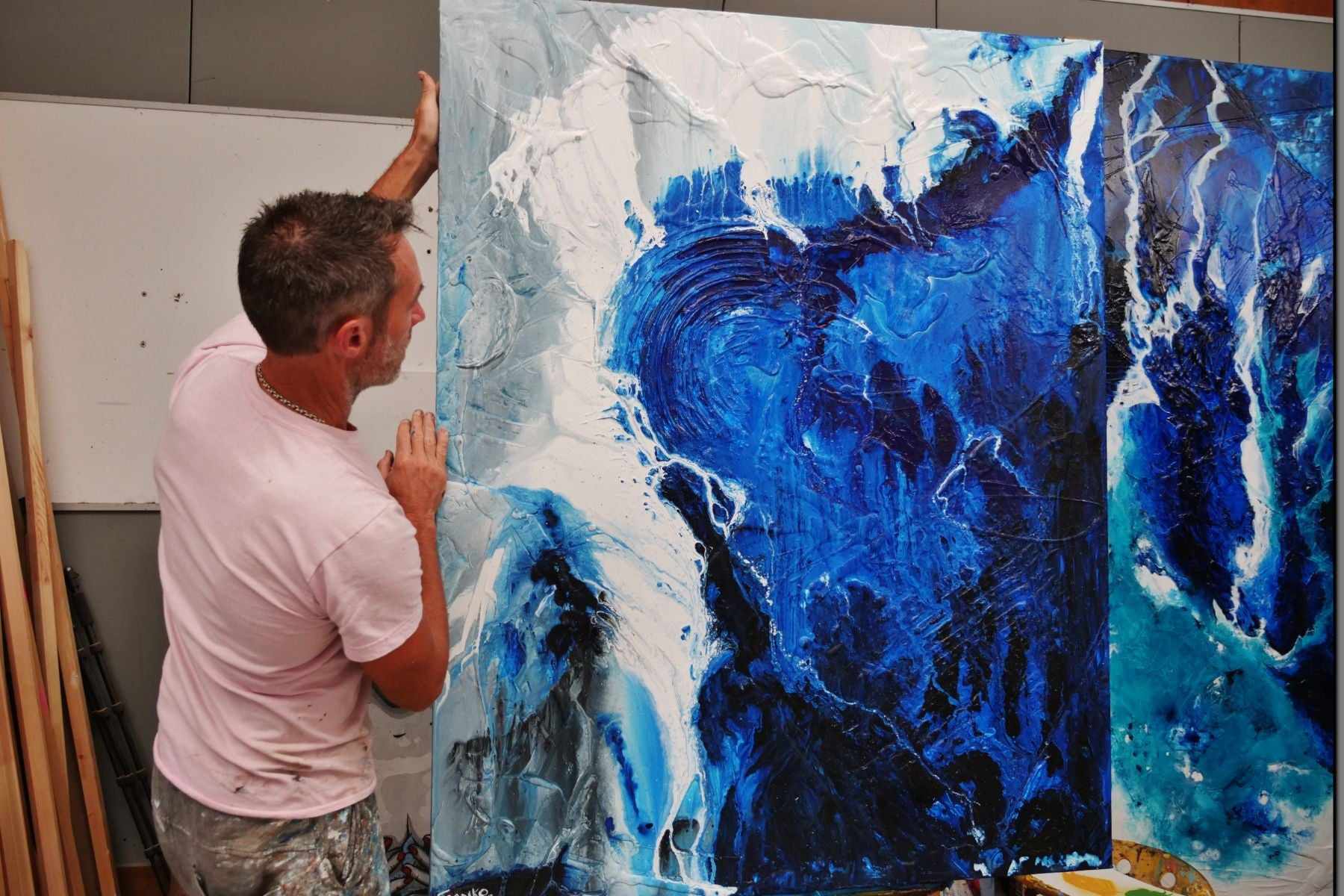 Blue Grey Textured Abstract Painting - 47x59 Inch Large Canvas Wall Art for Living Room, Bedroom & Office Decor
