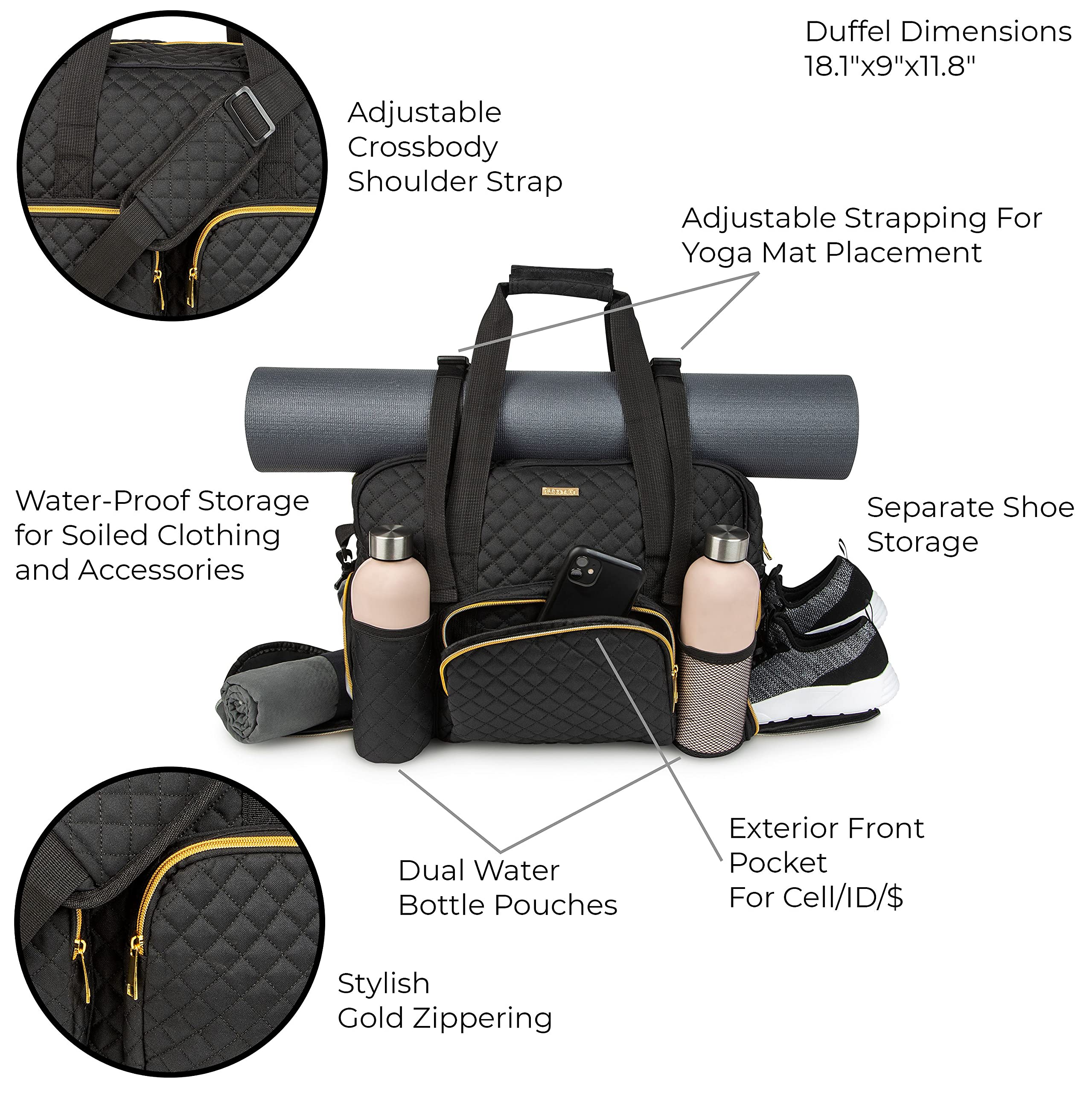 Waterproof Women's Gym Duffel Bag with Wet Storage & Yoga Mat Compartment - Quilted Black Travel Weekender for Fitness, Yoga & Carry-On Luggage | Perfect for Workouts, Beach Trips & Weekend Getaways
