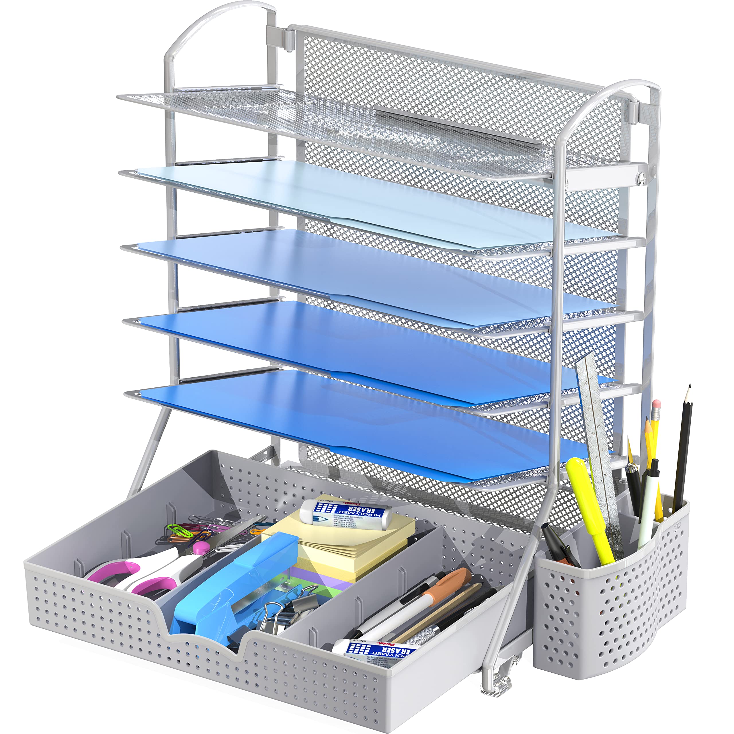 Simple Houseware 6-Tier Desk Organizer with Sliding Drawer - Silver Metal File Tray for Office Documents, Mail & Supplies | Perfect for Home Office, School & Workplace Organization