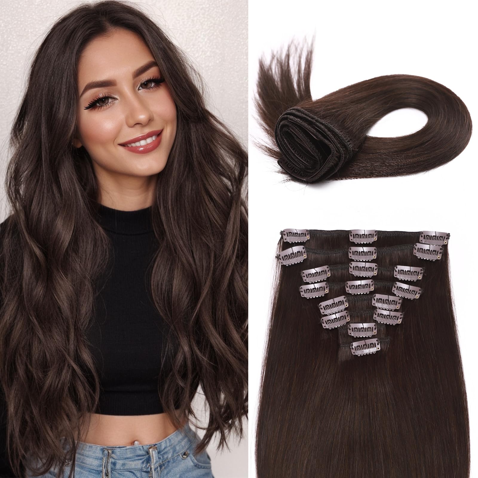 MY-LADY Clip In Hair Extensions 24 Inch - 8pcs 120g Real Human Remy Hair - #2 Dark Brown - Long Full Head Soft Natural Hair Extensions for Women - Perfect for Daily Wear, Parties & Special Occasions