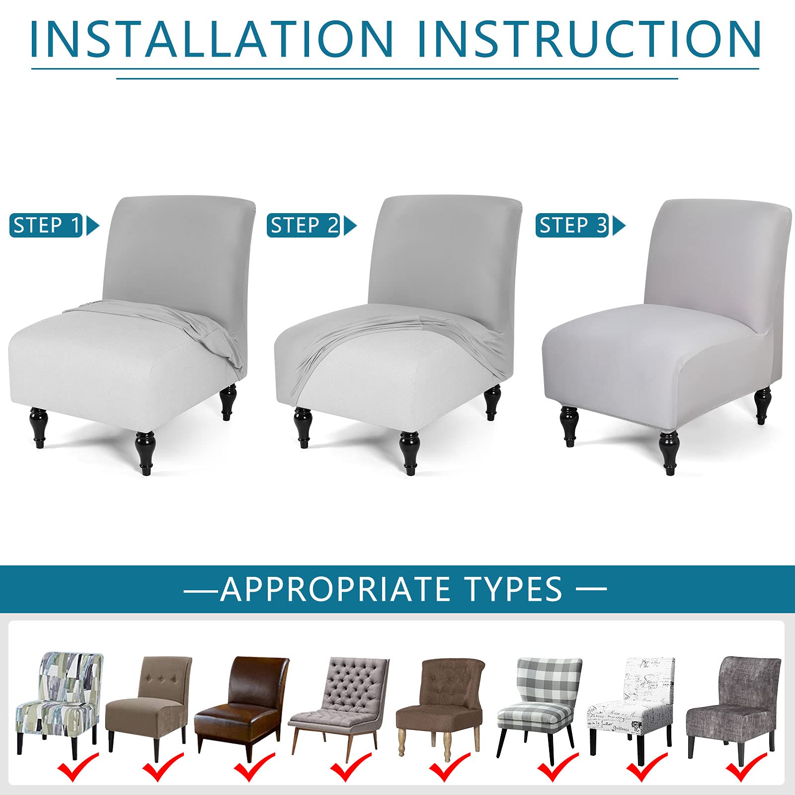 Liykimt Armless Accent Chair Slipcover - Stretch Spandex Removable Furniture Protector for Living Room, Dining Room & Hotel Use (Light Gray, 1 Pack) | Perfect for Home Decor, Guest Seating & Commercial Spaces