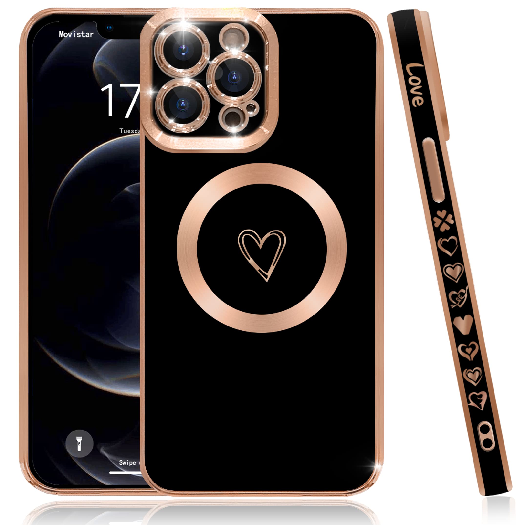 SZXYCZL Magnetic Case for iPhone 12 Pro - Luxury Plating with Cute Heart Pattern, Full Camera Lens Protection & Magsafe Compatible - Perfect Gift for Women & Girls (Black) - Ideal for Daily Use, Work & Travel