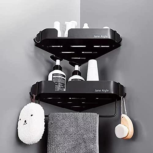 2-Tier Black Shower Corner Shelf - No Drill Wall Mounted Bathroom Organizer with Towel Rack for Shampoo, Soap & Storage - Perfect for Small Bathrooms, Kitchen & RV Spaces