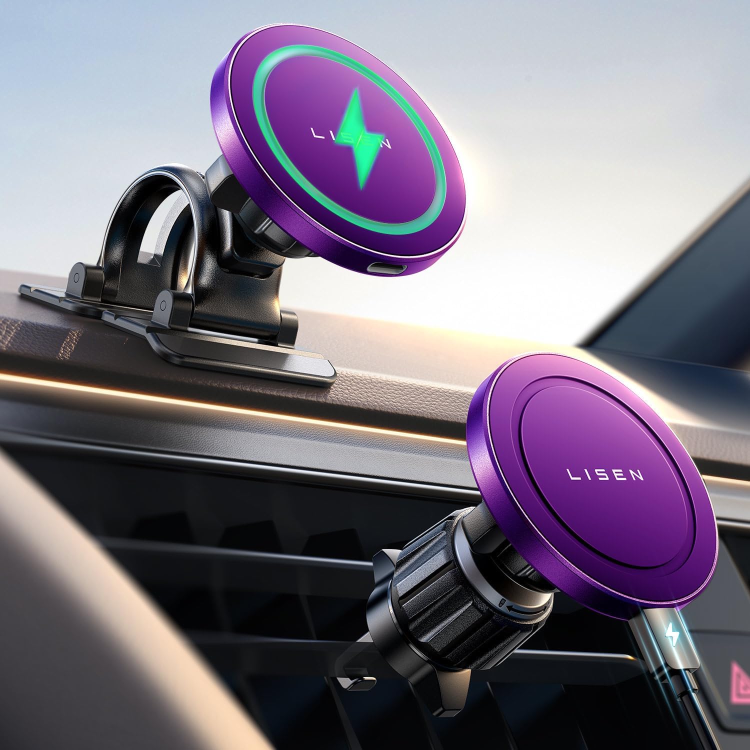 LISEN 15W MagSafe Car Mount Charger - Universal Magnetic Wireless Car Charger for iPhone 16 Pro Max/16/15/14/13/12 - Fast Charging Phone Holder with Strong Magnet - Perfect for Driving & Road Trips (Purple)