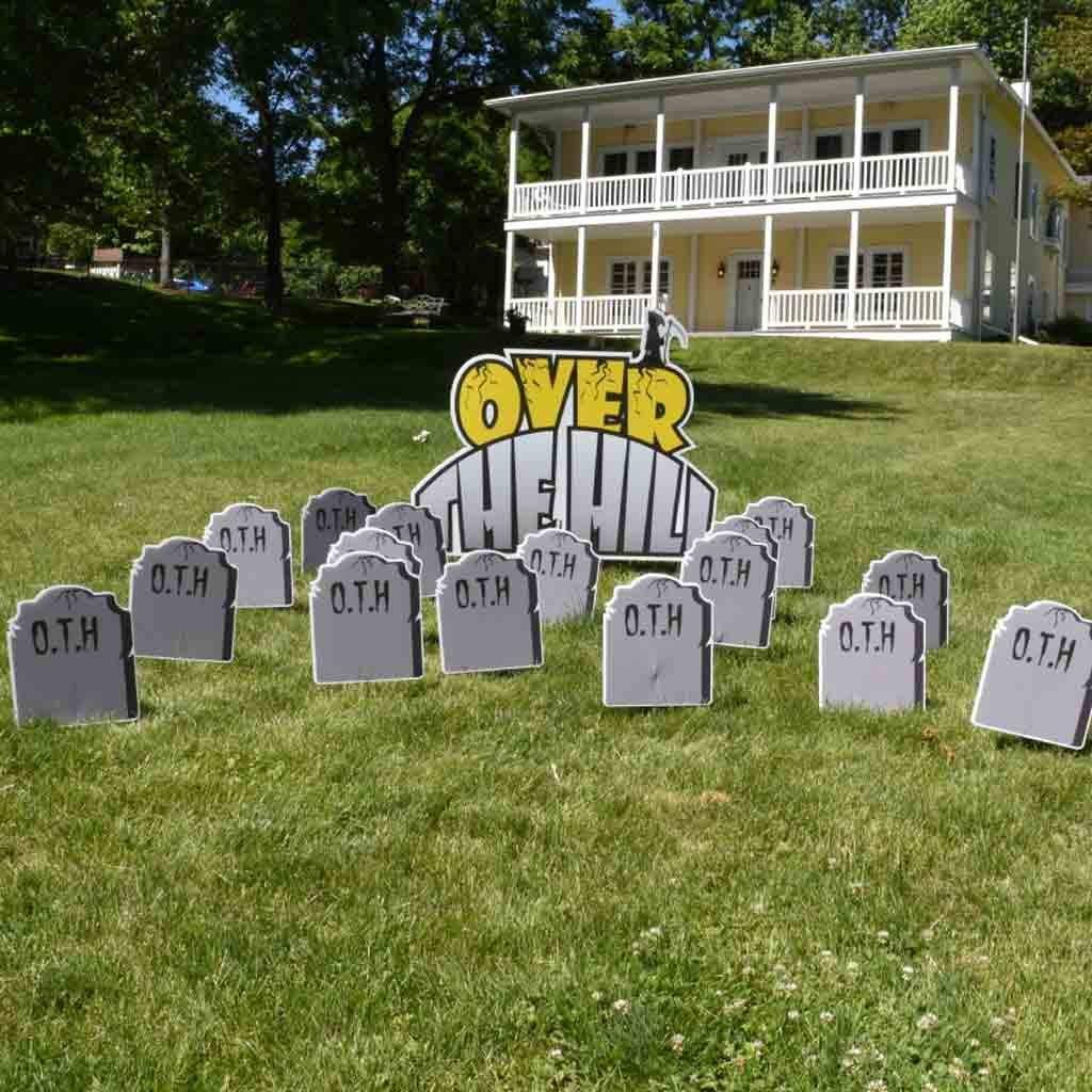 VictoryStore Over The Hill Birthday Yard Decorations - Funny Tombstone Yard Signs with 2 EZ Stakes & 16 Short Stakes (12469) - Perfect for 40th/50th Birthday Parties & Retirement Celebrations
