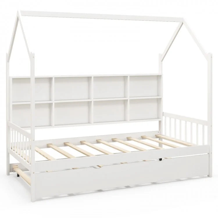 Montessori Twin Size Daybed for Kids with Roof and Storage Shelves - White - Perfect for Bedrooms, Playrooms, and Montessori Learning Spaces