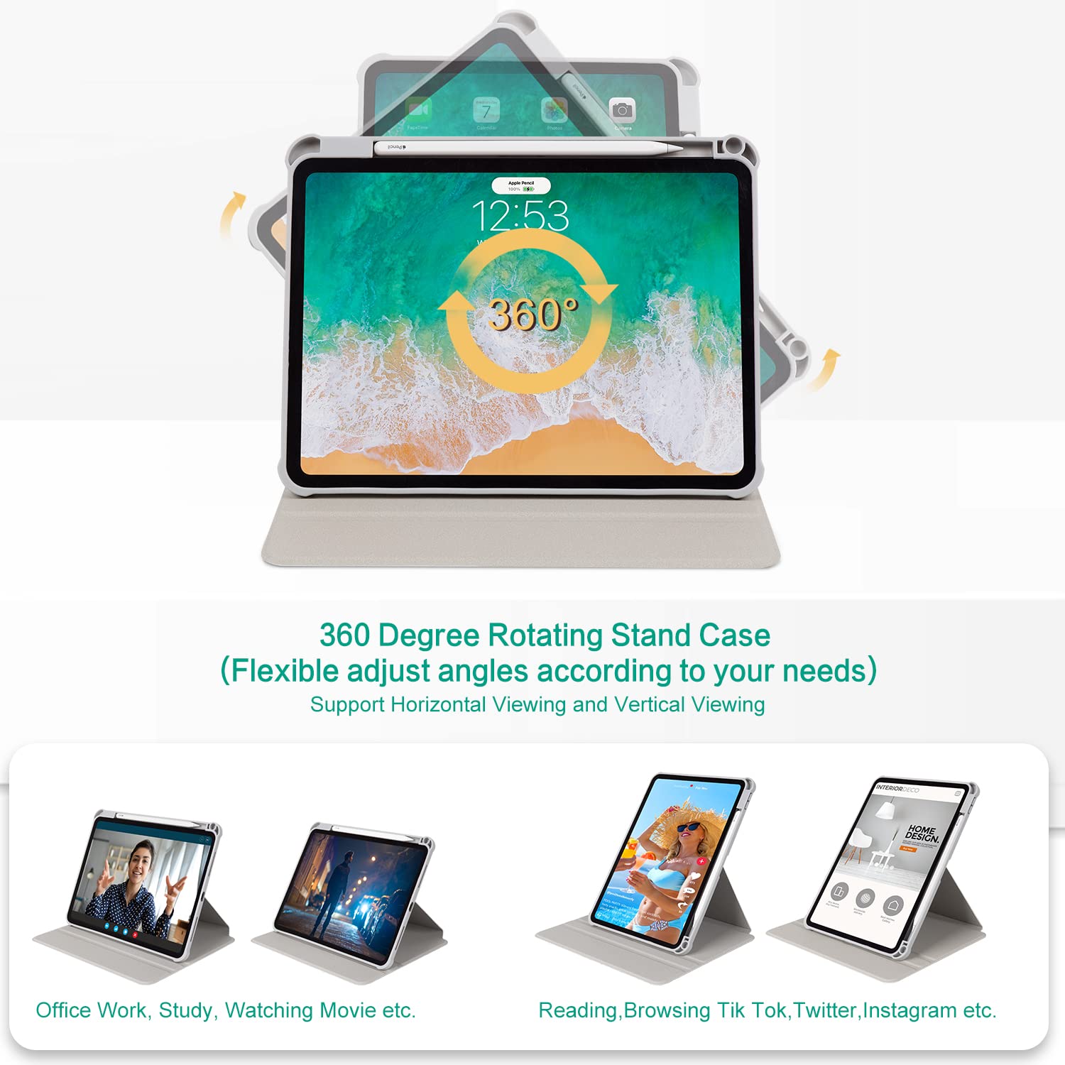 Rotating iPad Air 11 inch Case (M3/M2) 2025/2024 - 360° Multi-Angle Adjustable Stand with Pencil Holder for iPad Air 5th/4th Gen 2022/2020 & iPad Pro 11-inch - Floral Design - Perfect for Work, Study, and Entertainment