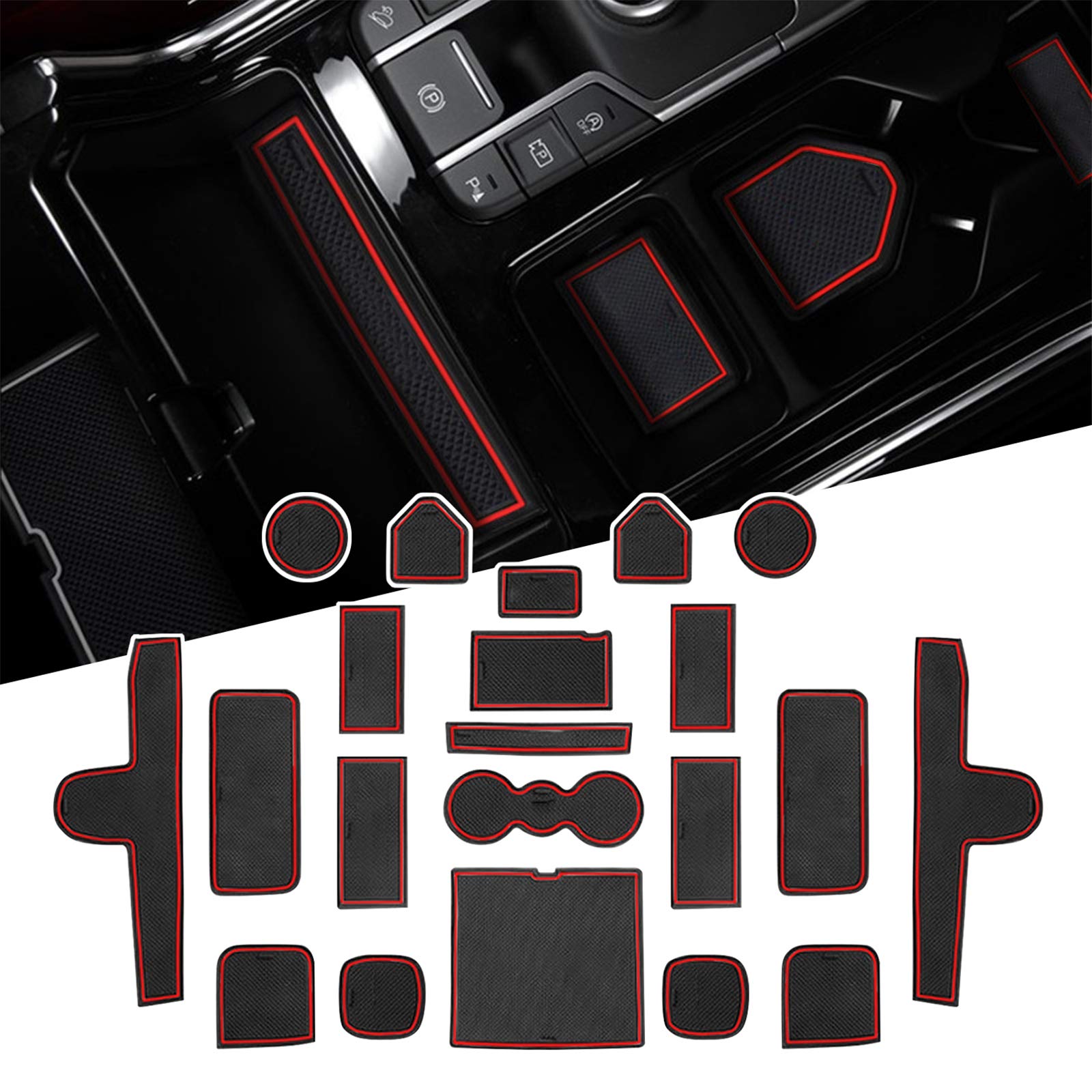 Non-Slip Car Interior Door Slot Mats for 2021+ Kia Sorento MQ4 - Cup Holder Pads & Groove Cushions - Anti-Slip Rubber Mats with Red Trim - Perfect for Protecting Your Vehicle Interior from Spills and Scratches